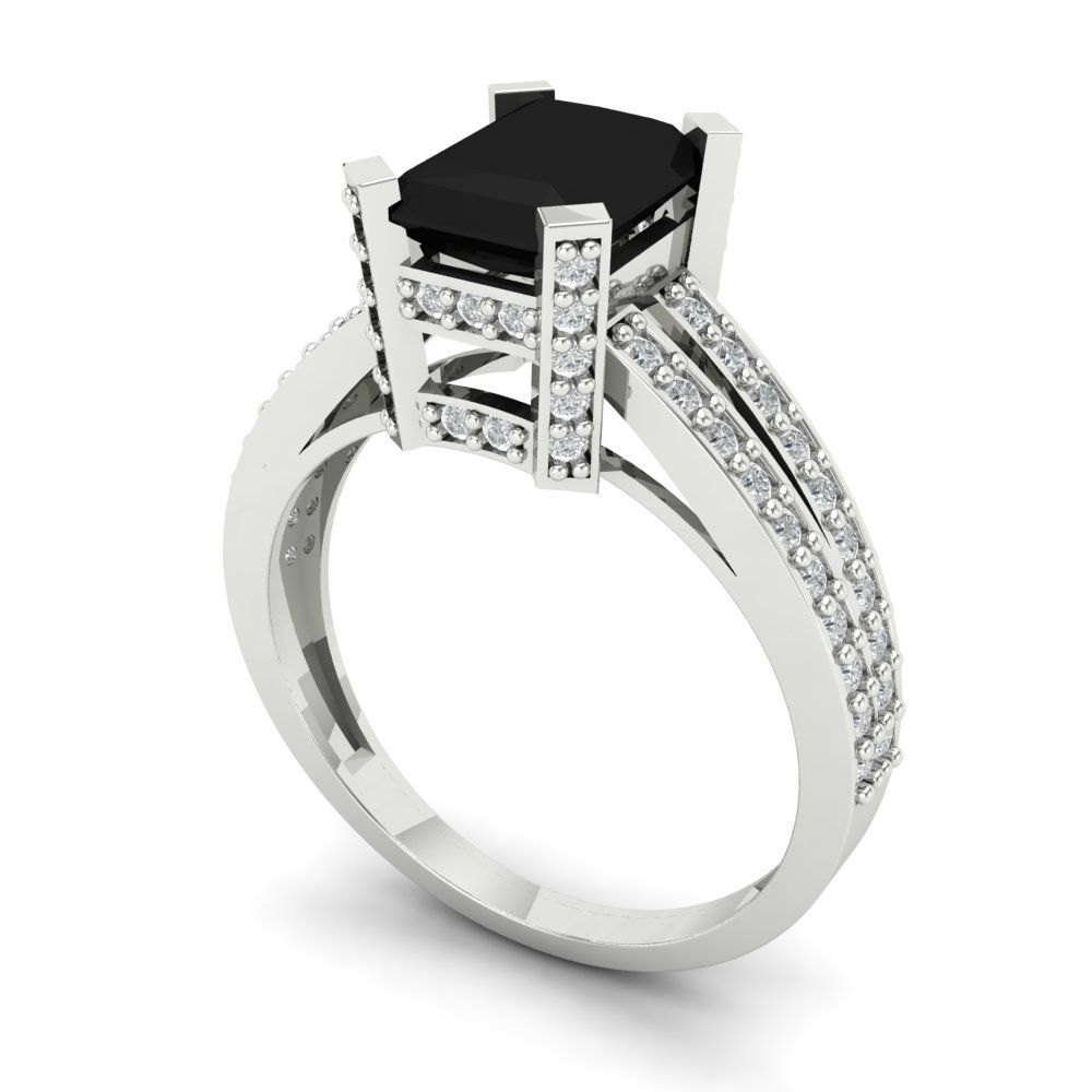 2.35 cttw Natural Onyx Solitaire with Zirconia Simulated Diamond Accents Engagement Ring - Solid Gold (Emerald Cut,8x6mm)