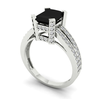 2.35 cttw Natural Onyx Solitaire with Zirconia Simulated Diamond Accents Engagement Ring - Solid Gold (Emerald Cut,8x6mm)