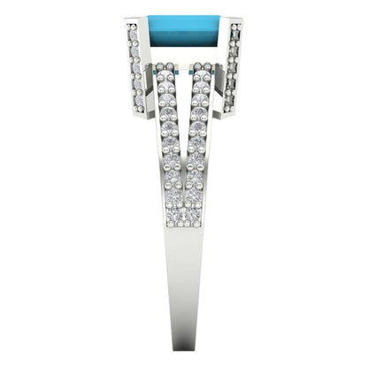 2.35 cttw Simulated Turquoise Solitaire with Zirconia Simulated Diamond Accents Engagement Ring - Solid Gold (Emerald Cut,8x6mm)