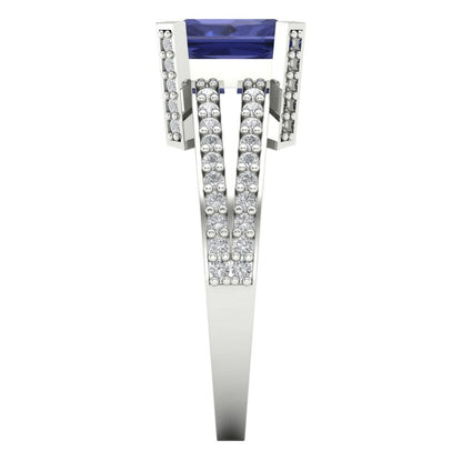 2.35 cttw Simulated Tanzanite Solitaire with Zirconia Simulated Diamond Accents Engagement Ring - Solid Gold (Emerald Cut,8x6mm)
