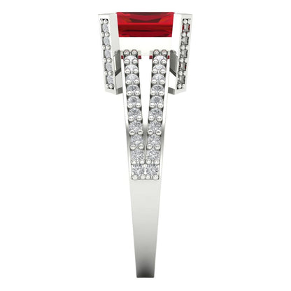 2.35 cttw Simulated Ruby Solitaire with Zirconia Simulated Diamond Accents Engagement Ring - Solid White Gold (VVS1, Emerald Cut,8x6mm)