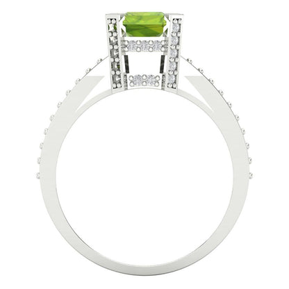 2.35 cttw Natural Peridot Solitaire with Zirconia Simulated Diamond Accents Engagement Ring - Solid Gold (Emerald Cut,8x6mm)