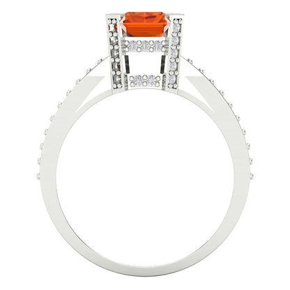 2.35 cttw Zirconia Simulated Red Diamond Solitaire with Zirconia Simulated Diamond Accents Engagement Ring - Solid White Gold (VVS1, Emerald Cut,8x6mm)