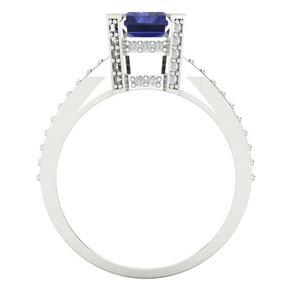 2.35 cttw Simulated Tanzanite Solitaire with Zirconia Simulated Diamond Accents Engagement Ring - Solid Gold (Emerald Cut,8x6mm)