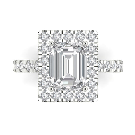 3.84 cttw Zirconia Simulated Diamond Hidden Halo Engagement Ring - Solid White Gold (VVS1, Emerald Cut,9x7mm)