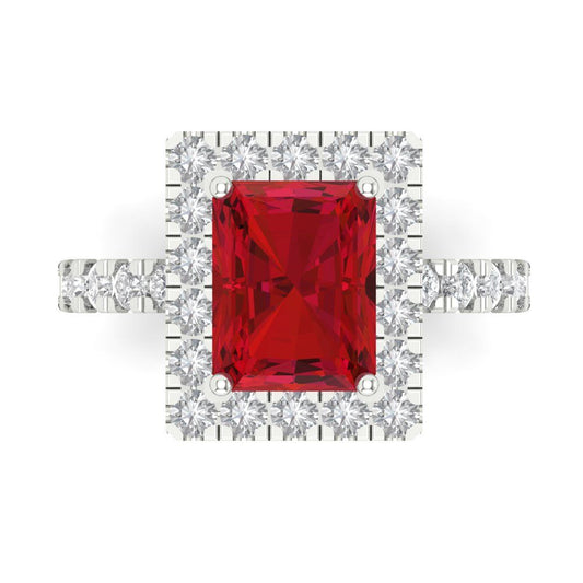 3.84 cttw Simulated Ruby Hidden Halo Engagement Ring - Solid White Gold (VVS1, Emerald Cut,9x7mm)