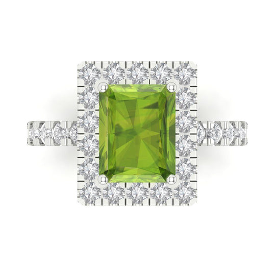 3.84 cttw Natural Peridot Hidden Halo Engagement Ring - Solid White Gold (VVS1, Emerald Cut,9x7mm)
