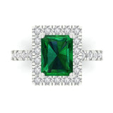 3.84 ct Brilliant Emerald Cut Simulated Emerald Stone White Gold Halo Solitaire with Accents Ring