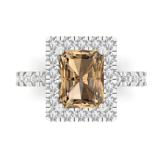 3.84 cttw Zirconia Simulated Champagne Diamond Hidden Halo Engagement Ring - Solid White Gold (VVS1, Emerald Cut,9x7mm)