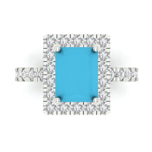3.84 cttw Simulated Turquoise Hidden Halo Engagement Ring - Solid White Gold (VVS1, Emerald Cut,9x7mm)