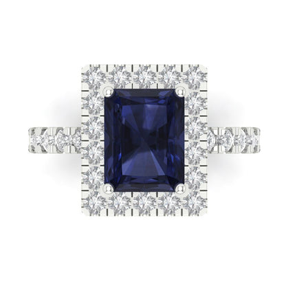 3.84 cttw Simulated Blue Sapphire Hidden Halo Engagement Ring - Solid Gold (Emerald Cut,9x7mm)