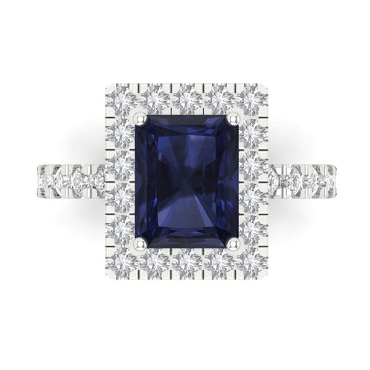 3.84 cttw Simulated Blue Sapphire Hidden Halo Engagement Ring - Solid White Gold (VVS1, Emerald Cut,9x7mm)