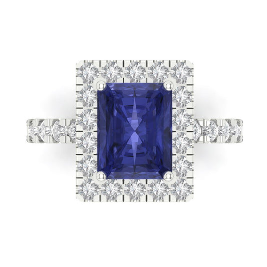 3.84 cttw Simulated Tanzanite Hidden Halo Engagement Ring - Solid White Gold (VVS1, Emerald Cut,9x7mm)