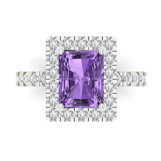 3.84 cttw Simulated Alexandrite Hidden Halo Engagement Ring - Solid White Gold (VVS1, Emerald Cut,9x7mm)