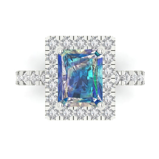 3.84 cttw Blue Moissanite Hidden Halo Engagement Ring - Solid White Gold (VVS1, Emerald Cut,9x7mm)