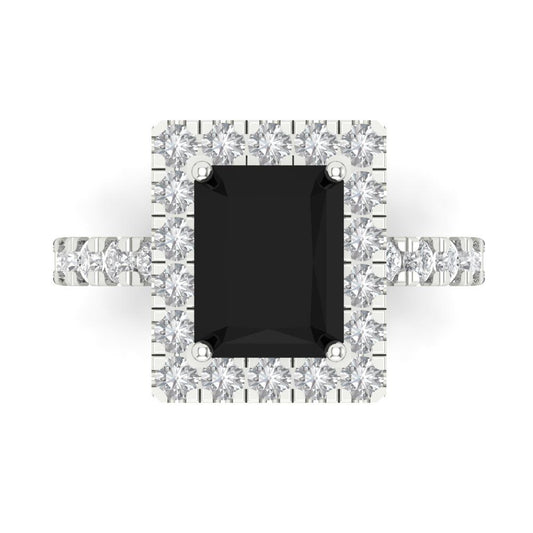 3.84 cttw Natural Onyx Hidden Halo Engagement Ring - Solid White Gold (VVS1, Emerald Cut,9x7mm)