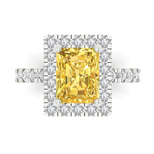 3.84 cttw Zirconia Simulated Yellow Diamond Hidden Halo Engagement Ring - Solid White Gold (VVS1, Emerald Cut,9x7mm)
