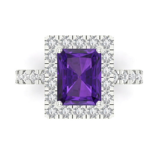 3.84 cttw Natural Amethyst Hidden Halo Engagement Ring - Solid White Gold (VVS1, Emerald Cut,9x7mm)