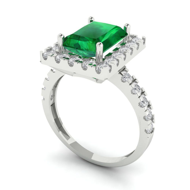 3.84 ct Brilliant Emerald Cut Simulated Emerald Stone White Gold Halo Solitaire with Accents Ring