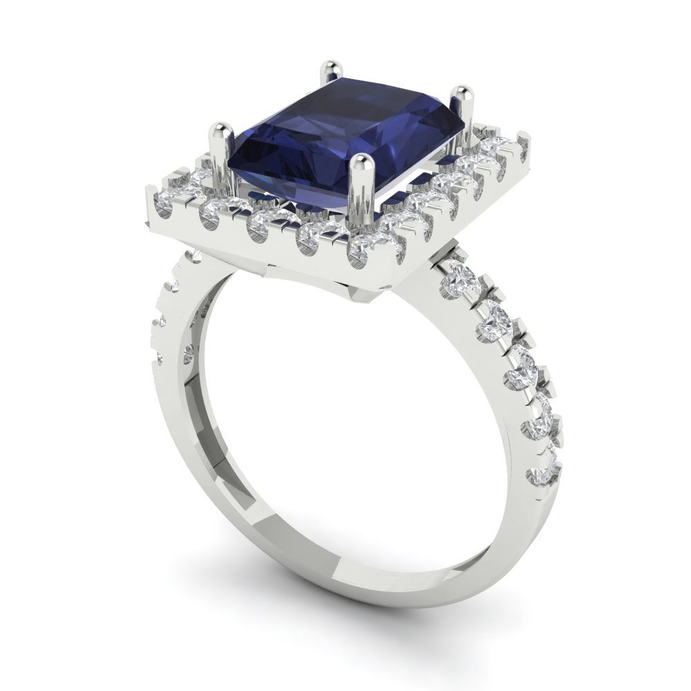 3.84 cttw Simulated Blue Sapphire Hidden Halo Engagement Ring - Solid Gold (Emerald Cut,9x7mm)