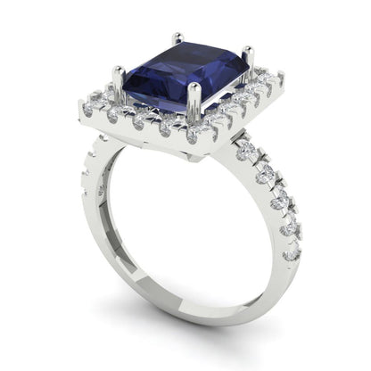 3.84 cttw Simulated Blue Sapphire Hidden Halo Engagement Ring - Solid Gold (Emerald Cut,9x7mm)