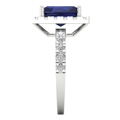 3.84 cttw Simulated Blue Sapphire Hidden Halo Engagement Ring - Solid Gold (Emerald Cut,9x7mm)