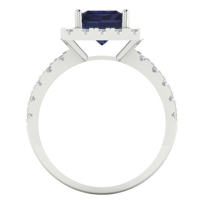 3.84 cttw Simulated Blue Sapphire Hidden Halo Engagement Ring - Solid Gold (Emerald Cut,9x7mm)