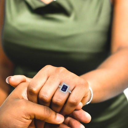 3.84 cttw Simulated Blue Sapphire Hidden Halo Engagement Ring - Solid Gold (Emerald Cut,9x7mm)