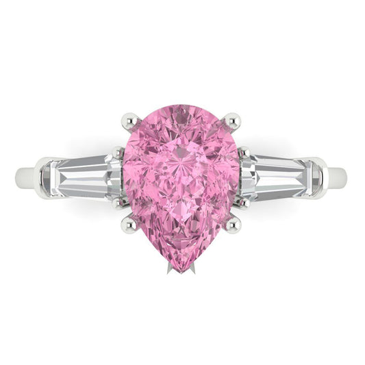 2.5 cttw Zirconia Simulated Pink Diamond Three-Stone Engagement Ring - Solid White Gold (VVS1, Pear Cut,10x7mm)
