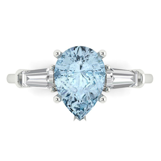 2.5 cttw Natural Aquamarine Three-Stone Engagement Ring - Solid White Gold (VVS1, Pear Cut,10x7mm)