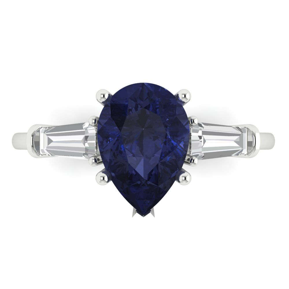 2.5 cttw Simulated Blue Sapphire Three-Stone Engagement Ring - Solid Gold (Pear Cut,10x7mm)