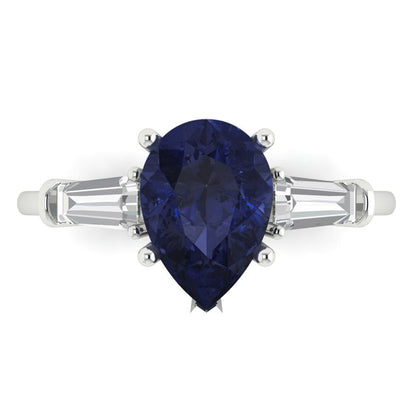2.5 cttw Simulated Blue Sapphire Three-Stone Engagement Ring - Solid Gold (Pear Cut,10x7mm)
