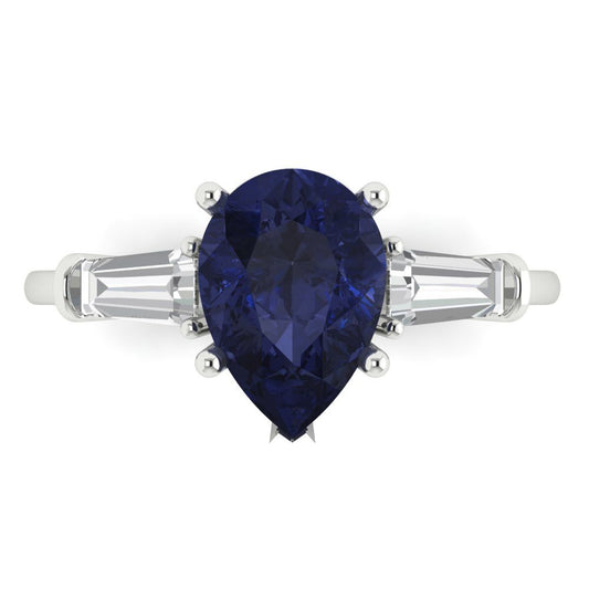 2.5 cttw Simulated Blue Sapphire Three-Stone Engagement Ring - Solid White Gold (VVS1, Pear Cut,10x7mm)