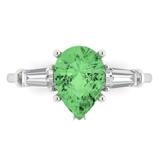 2.5 cttw Zirconia Simulated Green Diamond Three-Stone Engagement Ring - Solid White Gold (VVS1, Pear Cut,10x7mm)