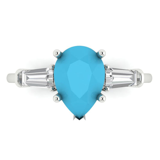 2.5 cttw Simulated Turquoise Three-Stone Engagement Ring - Solid White Gold (VVS1, Pear Cut,10x7mm)
