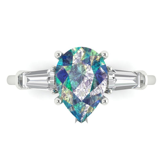 2.5 cttw Blue Moissanite Three-Stone Engagement Ring - Solid White Gold (VVS1, Pear Cut,10x7mm)