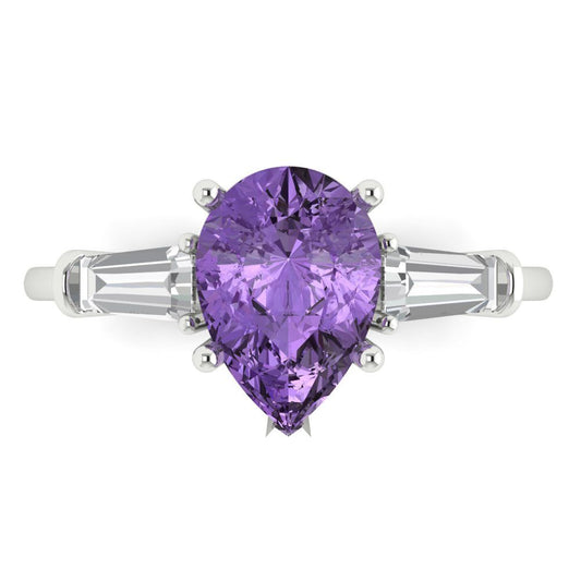 2.5 cttw Simulated Alexandrite Three-Stone Engagement Ring - Solid White Gold (VVS1, Pear Cut,10x7mm)