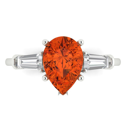 2.5 cttw Zirconia Simulated Red Diamond Three-Stone Engagement Ring - Solid White Gold (VVS1, Pear Cut,10x7mm)