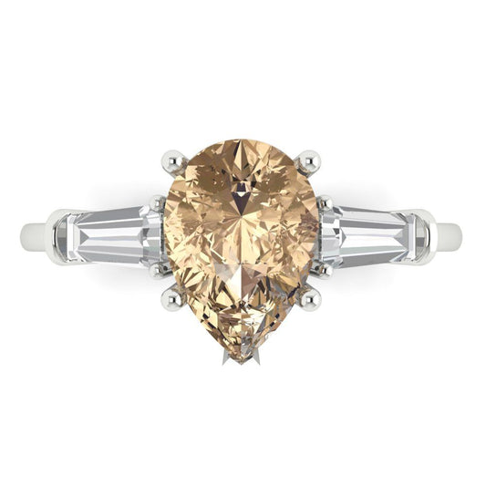 2.5 cttw Yellow Moissanite Three-Stone Engagement Ring - Solid White Gold (VVS1, Pear Cut,10x7mm)