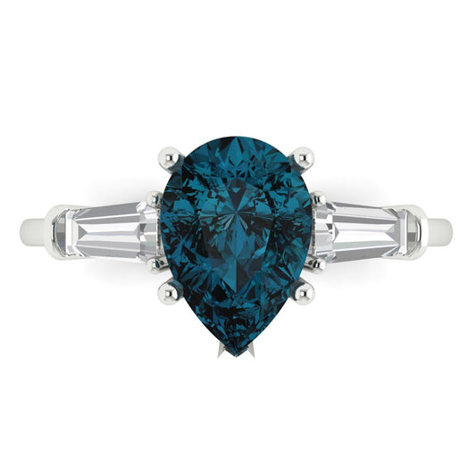 2.5 cttw Natural London Blue Topaz Three-Stone Engagement Ring - Solid White Gold (VVS1, Pear Cut,10x7mm)