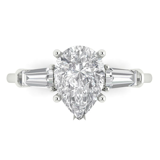 2.5 cttw Zirconia Simulated Diamond Three-Stone Engagement Ring - Solid White Gold (VVS1, Pear Cut,10x7mm)
