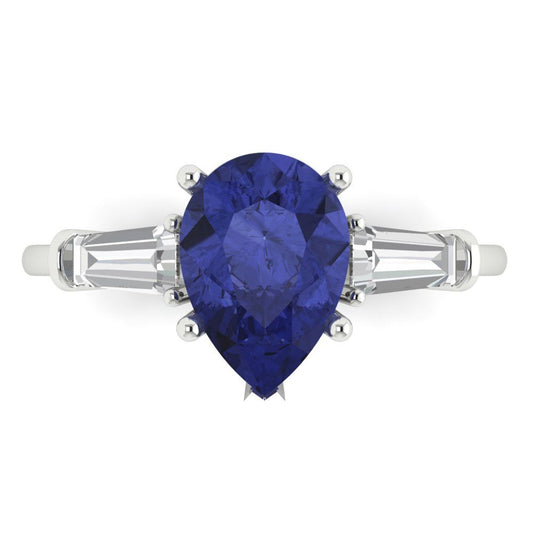 2.5 cttw Simulated Tanzanite Three-Stone Engagement Ring - Solid White Gold (VVS1, Pear Cut,10x7mm)
