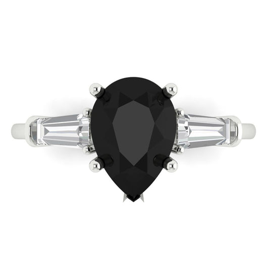 2.5 cttw Natural Onyx Three-Stone Engagement Ring - Solid White Gold (VVS1, Pear Cut,10x7mm)