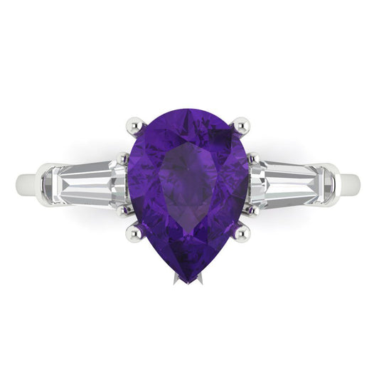 2.5 cttw Natural Amethyst Three-Stone Engagement Ring - Solid White Gold (VVS1, Pear Cut,10x7mm)