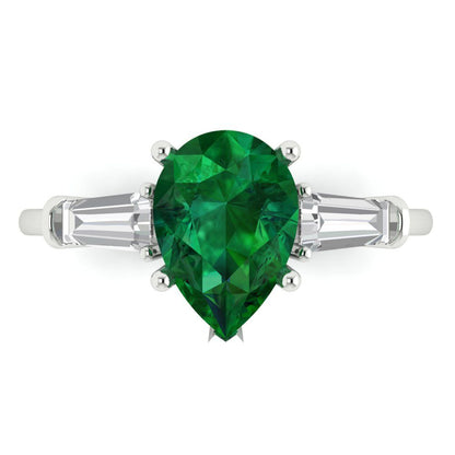 2.5 cttw Simulated Emerald Three-Stone Engagement Ring - Solid Gold (Pear Cut,10x7mm)