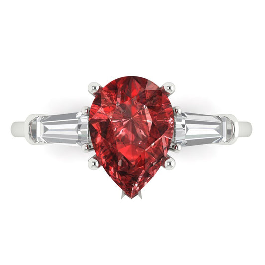 2.5 cttw Natural Garnet Three-Stone Engagement Ring - Solid White Gold (VVS1, Pear Cut,10x7mm)