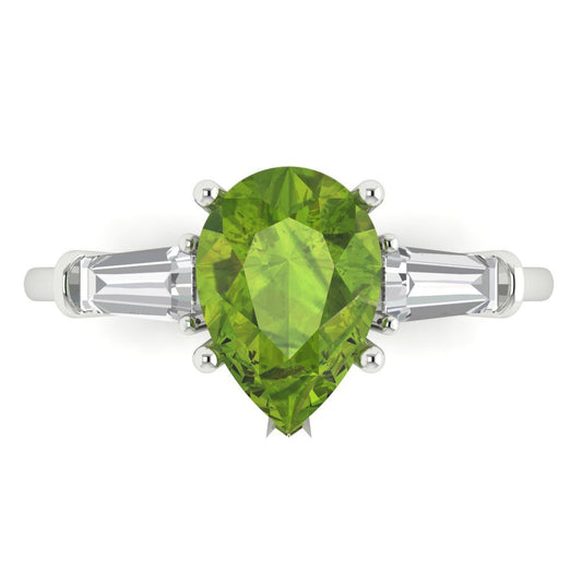 2.5 cttw Natural Peridot Three-Stone Engagement Ring - Solid White Gold (VVS1, Pear Cut,10x7mm)
