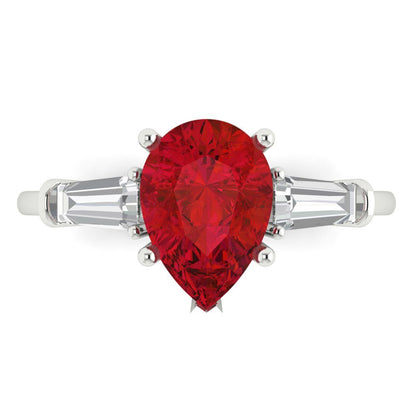2.5 cttw Simulated Ruby Three-Stone Engagement Ring - Solid Gold (Pear Cut,10x7mm)