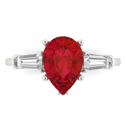 2.5 cttw Simulated Ruby Three-Stone Engagement Ring - Solid White Gold (VVS1, Pear Cut,10x7mm)