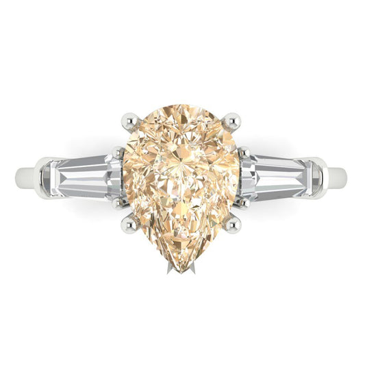 2.5 cttw Natural Morganite Three-Stone Engagement Ring - Solid White Gold (VVS1, Pear Cut,10x7mm)